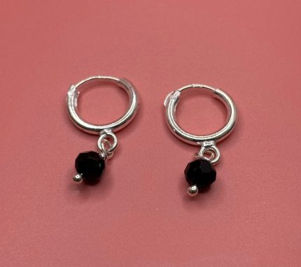 Elegant Silver Hoop Earrings with Black Crystal Drop